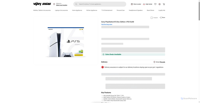 Security scan screenshot of https://www.vijaysales.com/p/227607/sony-playstation-5-slim-disc-edition