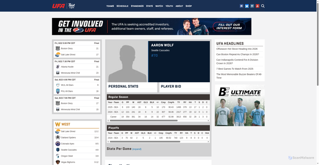 Security scan screenshot of https://www.watchufa.com/league/players/awolf