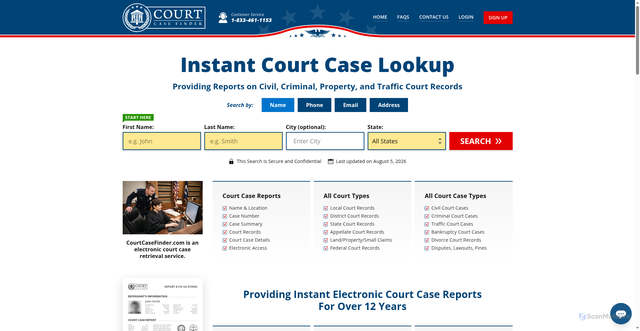 Security scan screenshot of https://courtcasefinder.com