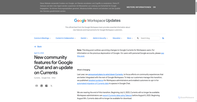 Security scan screenshot of https://workspaceupdates.googleblog.com/2023/04/new-community-features-for-google-chat-and-an-update-currents%20.html
