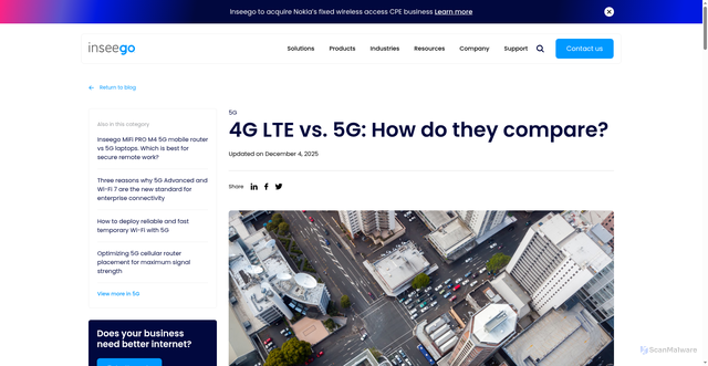 Security scan screenshot of https://inseego.com/resources/blog/4g-lte-vs-5g-how-do-they-compare/