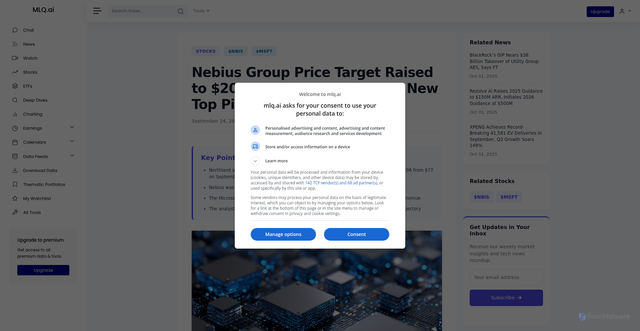 Security scan screenshot of https://mlq.ai/news/nebius-group-price-target-raised-to-206-at-northland-named-new-top-pick-after-microsoft-deal/