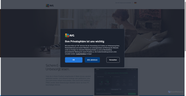 Security scan screenshot of https://www.avg.com/de-de/lp-safe-emailing?utm_medium=email&utm_source=link&utm_content=emailclient&utm_campaign=sig-email
