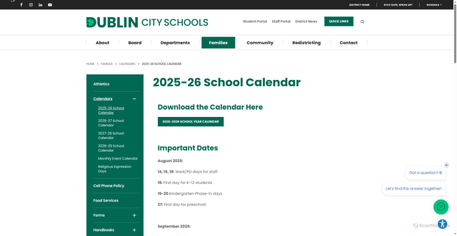 Security scan screenshot of https://www.dublinschools.net/resources/calendars/2025-26-school-calendar