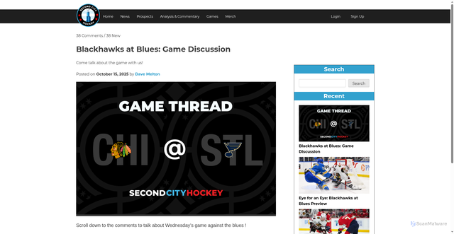Security scan screenshot of https://www.secondcityhockey.com/blackhawks-at-blues-game-discussion-5/