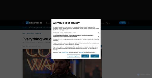 Security scan screenshot of https://www.digitaltrends.com/movies/everything-we-know-about-tron-ares/