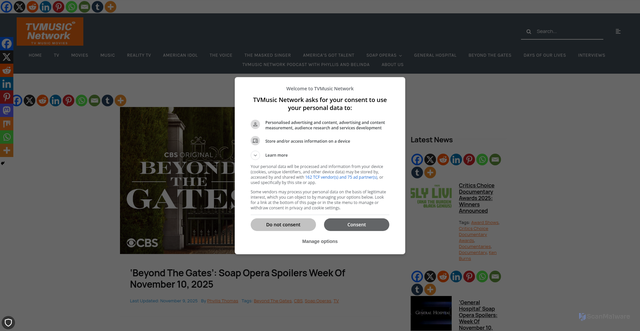 Security scan screenshot of https://www.tvandmusicnetwork.com/2025/11/09/beyond-the-gates-soap-opera-spoilers-week-of-november-10-2025/