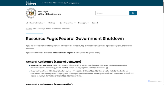 Security scan screenshot of https://governor.delaware.gov/resource-page-federal-goverment-shutdown/