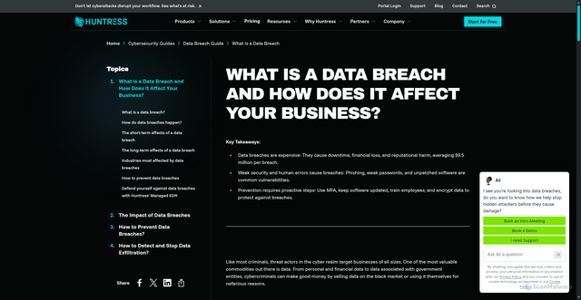 Security scan screenshot of https://www.huntress.com/data-breach-guide/what-is-a-data-breach
