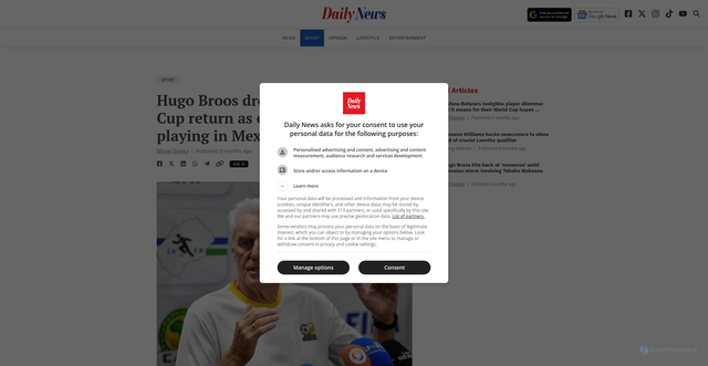 Security scan screenshot of https://dailynews.co.za/sport/soccer/bafana/2025-09-05-hugo-broos-dreams-of-fifa-world-cup-return-as-coach-40-years-after-playing-in-mexico/
