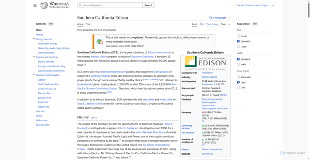 Security scan screenshot of https://en.wikipedia.org/wiki/Southern_California_Edison