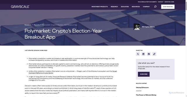 Security scan screenshot of https://research.grayscale.com/reports/polymarket