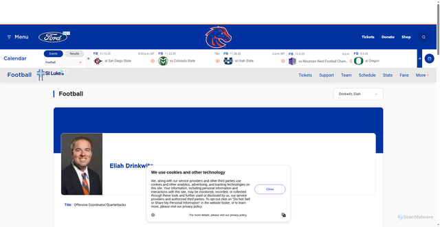 Security scan screenshot of https://broncosports.com/sports/football/roster/coaches/eliah-drinkwitz/69