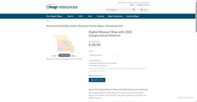 Security scan screenshot of https://www.mapresources.com/products/missouri-digital-vector-map-us-congressional-districts-mo-usa-875630