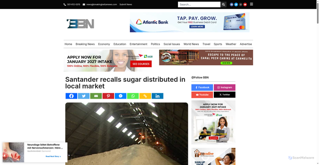 Security scan screenshot of https://www.breakingbelizenews.com/2018/05/31/santander-recalls-sugar-distributed-in-local-market/