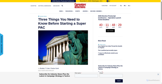 Security scan screenshot of https://campaignsandelections.com/voices/three-things-you-need-to-know-before-starting-a-super-pac/