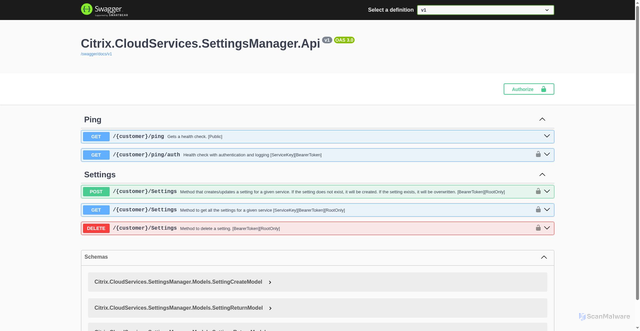 Security scan screenshot of https://settingsmanager-direct-westeurope-release-b.citrixworkspacesapi.net