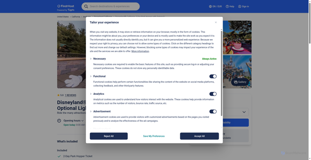Security scan screenshot of https://www.findrhost.com/tiqets-booking/anaheim-attractions-c81664/tickets-for-disneyland-california-2-day-park-hopper-ticket-p1104330