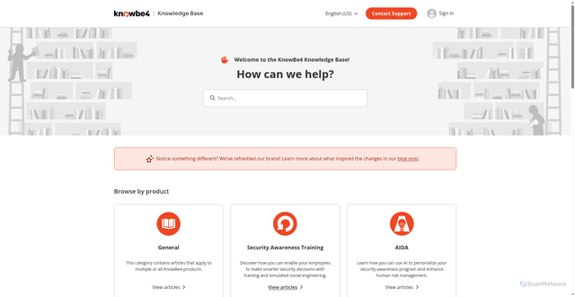 Security scan screenshot of https://support.knowbe4.com