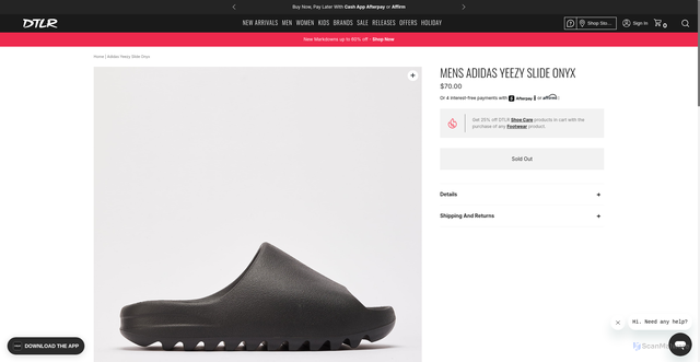 Security scan screenshot of https://www.dtlr.com/products/adidas-yeezy-slide-onyx-hq448?srsltid=AfmBOop8pUIrkdYSHnPdcuYbRc7zgwlp22xhkNejeBbzMwIAeRGiuNjr