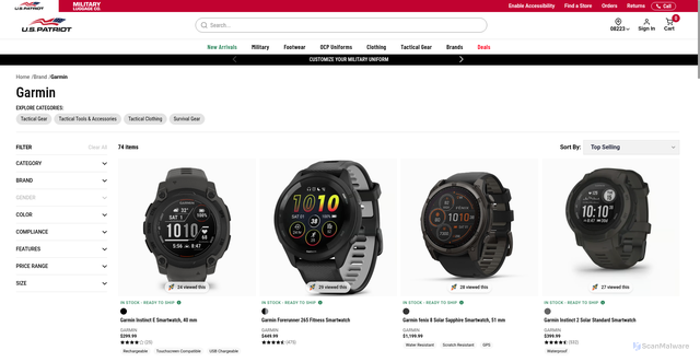 Security scan screenshot of https://www.uspatriottactical.com/brands/garmin