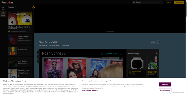 Security scan screenshot of https://pixarfanon.fandom.com/wiki/Noah_Schnapp