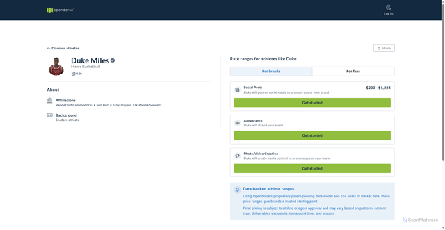 Security scan screenshot of https://opendorse.com/profile/duke-miles