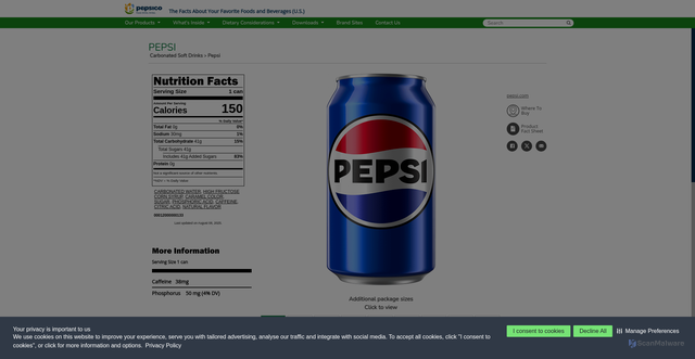 Security scan screenshot of https://www.pepsicoproductfacts.com/Home/Product?gtin=00012000000133