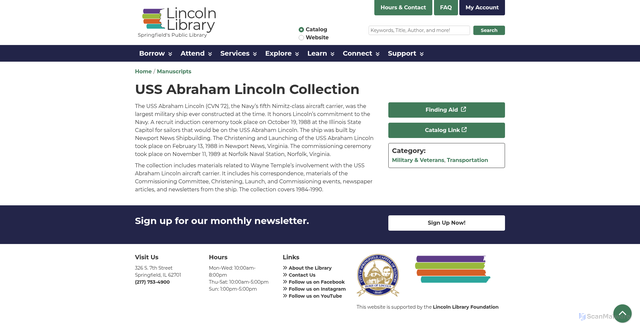 Security scan screenshot of https://www.lincolnlibrary.info/manuscripts/uss-abraham-lincoln-collection