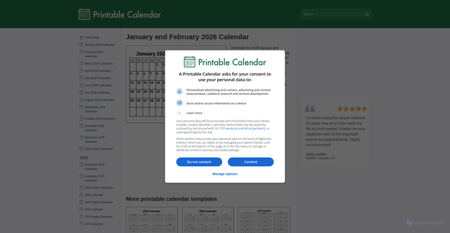 Security scan screenshot of https://a-printable-calendar.com/january-february-2026-calendar/