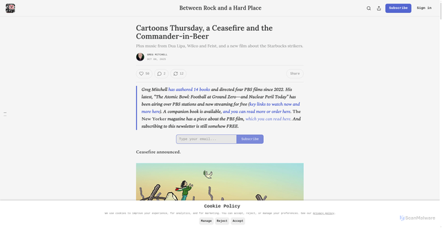 Security scan screenshot of https://gregmitchell.substack.com/p/cartoons-thursday-a-ceasefire-and