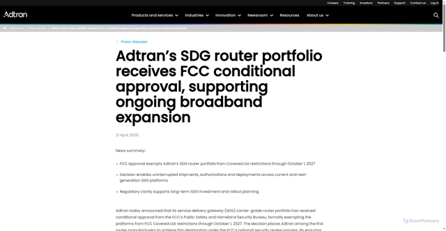Security scan screenshot of https://www.adtran.com/en/newsroom/press-releases/20260421-adtrans-sdgs-receive-fcc-conditional-approval-supporting-ongoing-broadband-expansion