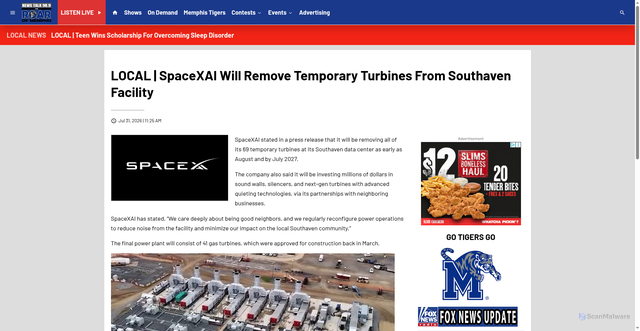 Security scan screenshot of https://www.newstalk989.com/2026/07/31/local-spacexai-will-remove-temporary-turbines-from-southaven-facility/
