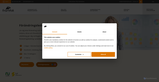 Security scan screenshot of https://www.framfot.se/utbildning-ledarskap-projektledning/forandringsledning/
