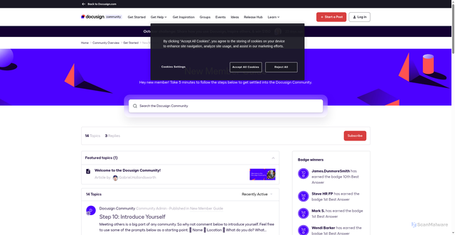 Security scan screenshot of https://community.docusign.com/new-member-guide-142?utm_campaign=GBL_US_PRD_AWA_2405_CommunityCTA