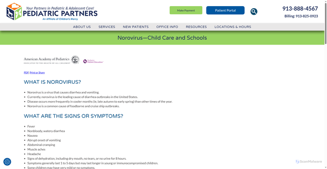 Security scan screenshot of https://www.pediatricpartnerskc.com/medical-conditions/norovirus-child-care-and-schools