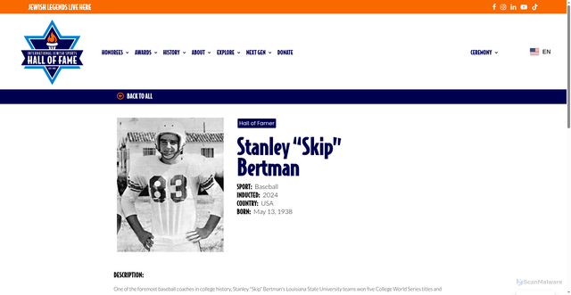 Security scan screenshot of https://jewishsportshof.org/listings/stanley-skip-bertman/