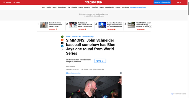 Security scan screenshot of https://torontosun.com/sports/baseball/toronto-blue-jays/john-schneider-baseball-somehow-sends-blue-jays-to-one-round-away-from-world-series