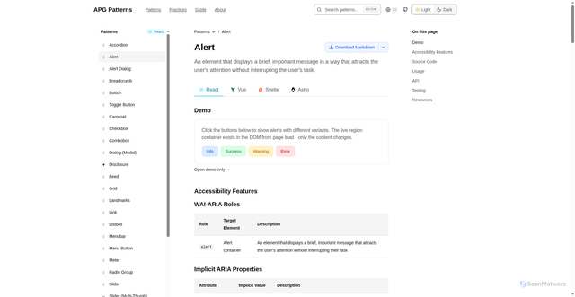 Security scan screenshot of https://apg-patterns-examples.pages.dev/patterns/alert/react/