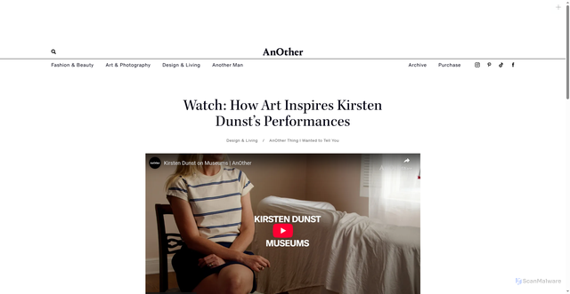 Security scan screenshot of https://www.anothermag.com/design-living/16595/kirsten-dunst-interview-video-museums-art-inspiration-watch