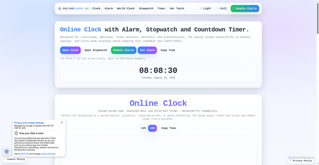 Security scan screenshot of https://onlineclock.net/