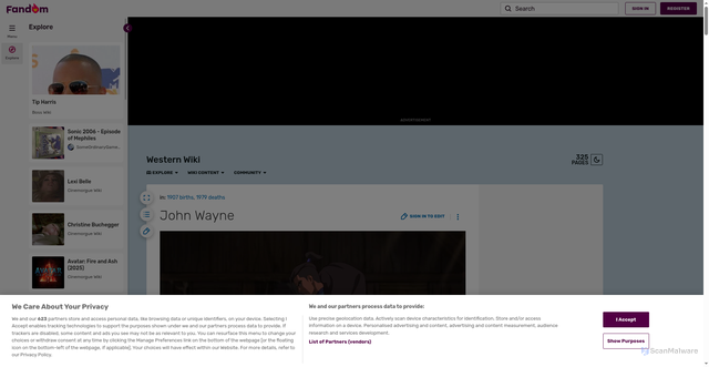 Security scan screenshot of https://westerns.fandom.com/wiki/John_Wayne