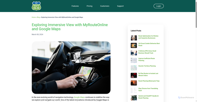 Security scan screenshot of https://www.myrouteonline.com/blog/exploring-immersive-view-with-myrouteonline-and-google-maps