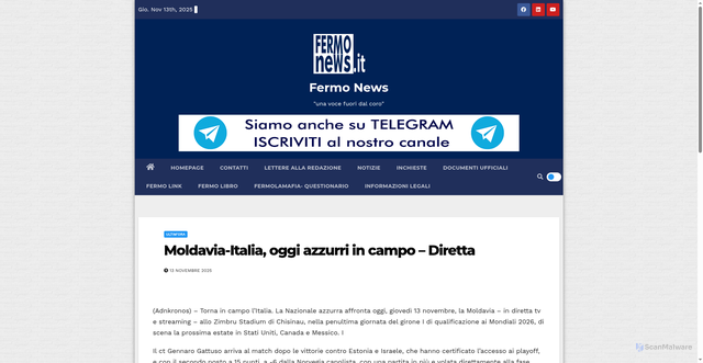 Security scan screenshot of https://www.fermonews.it/2025/11/13/moldavia-italia-oggi-azzurri-in-campo-diretta/