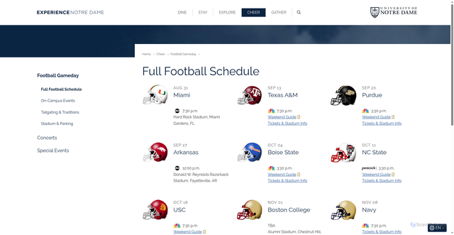 Security scan screenshot of https://experience.nd.edu/cheer/football-gameday/schedule/