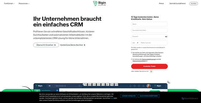 Security scan screenshot of https://bigin.zoho.com
