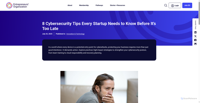 Security scan screenshot of https://eonetwork.org/blog/8-cybersecurity-tips-every-startup-needs-to-know-before-its-too-late/?scLang=en-US