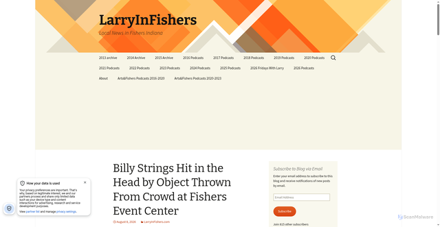 Security scan screenshot of https://www.larryinfishers.com/2026/08/08/billy-strings-fishers-event-center-object-thrown/