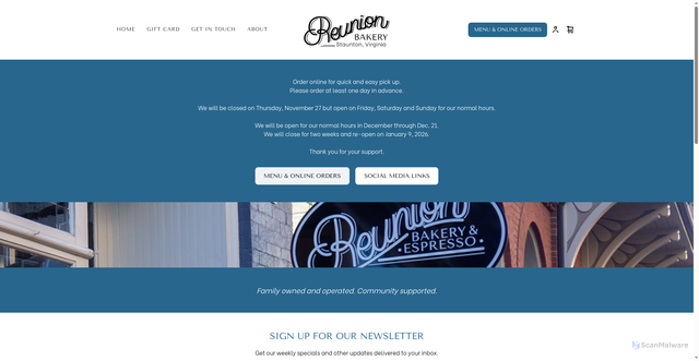 Security scan screenshot of https://www.reunionbakery.com/