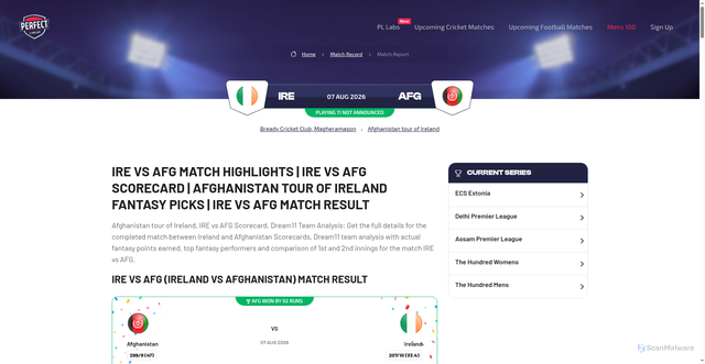 Security scan screenshot of https://www.perfectlineup.in/match-record/IRE-VS-AFG/96677/420/One-day
